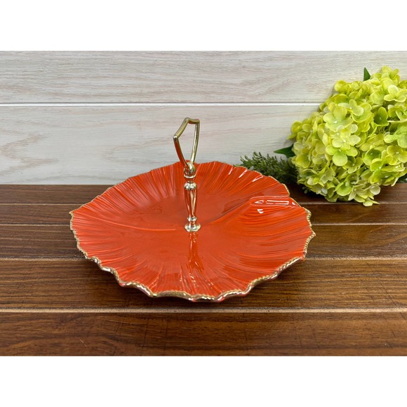 Vintage Funky Orange and Gold California Pottery Tidbit Tray / Sandwich Platter - Picture 1 of 8